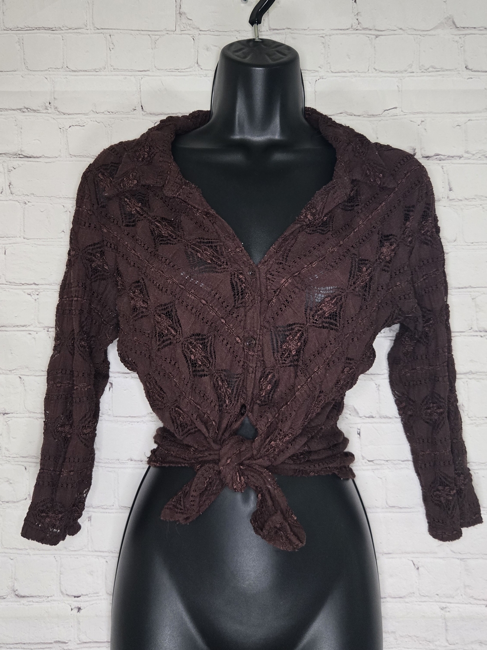 Vtg Y2k sheer brown lace tie front top Moa Moa size L